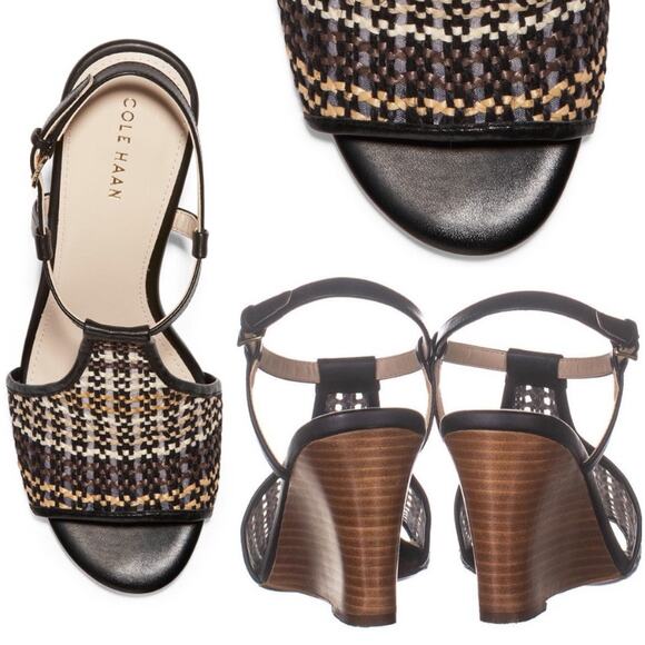Cole Haan Maddie Open Toe Wedge Sandal US 9 Black Brown Woven Boho Chic Neutral - Picture 3 of 11